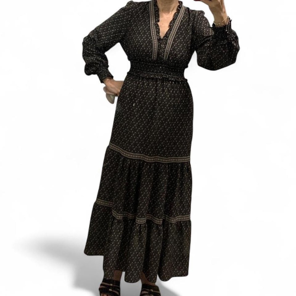 MAX Studio black brown prairie maxi dress with ruffles